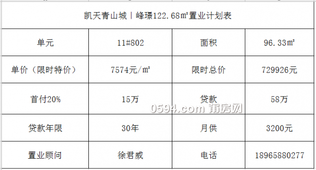 凯天青山城丨峰璟:802单元三房 首付仅15万贷款58万